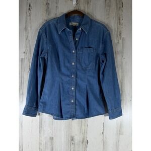 Madewell Denim Jean Button‎ Up Blouse Top Size XS Tailored Pleated Waist Cotton